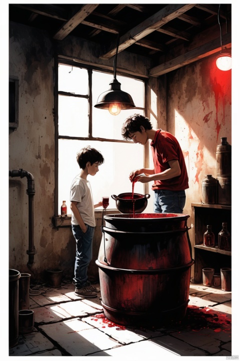 Graphite painting, (a large old iron pot boiling red water in the basement), next to him is a boy, the boy is staring at the pot, (wearing a white round necked shirt and jeans), rough and curly short style), decadent and lazy, (perfect face), sports shoes, (the industrial lights on the roof emit dim light, weak red light), background: many old wine bottles and glasses are in the basement, the walls are dilapidated, industrial style, retro and worn-out, 90s anime style, Bold silhouette, graphic art, line art, black and white, line art, pen pressure sketching, calligraphy pen with pen pressure, G-pen style with pen pressure, hand drawn thick lines, high contrast, IG model, panoramic, Ultra high saturation, bright and vivid colors, intricate, (best quality, masterpiece, Representative work, official art, Professional, 8k)