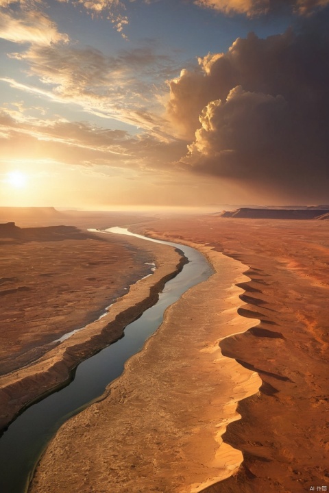 a vast desert expanse stretches far and wide, punctuated by a lone wispy cloud drifting across the sky. In the distance, a majestic river bends its course as the sun sets behind it, casting a warm golden glow on the tranquil scene, (masterpiece, best quality, perfect composition, very aesthetic, absurdres, ultra-detailed, intricate details, Professional, official art, Representative work:1.3)