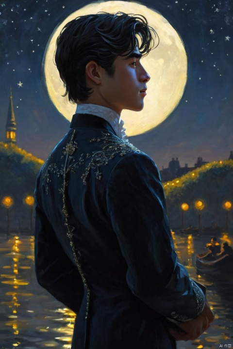 (by Claude Monet style:1.5), (1boy, black hair, dress, earrings, formal, full moon, glowing, glowing earrings, jewelry, long hair, looking to the side, moon, suit:0.5), (masterpiece, best quality, perfect composition, very aesthetic, absurdres, ultra-detailed, intricate details, Professional, official art, Representative work:1.3)
