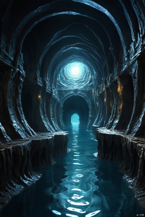 Grottoes City, Inner Ring Structure, Internal Chaos Maze, Crystal, Water Flow, Dark Light, Magic, Terrifying Atmosphere, Surrealism, enhance, intricate, (best quality, masterpiece, Representative work, official art, Professional, 8k)