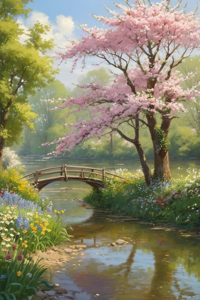A serene riverside scene on a spring morning, with a lush tapestry of blooming flowers stretching as far as the eye can see. Soft sunlight casts a warm glow, highlighting delicate petals and tender greenery. A gentle breeze rustles leaves and stirs the blossoms, creating a mesmerizing dance of color and texture. The air is alive with the sweet scent of blooming flora, enveloping all in a vibrant celebration of spring's rebirth, (masterpiece, best quality, perfect composition, very aesthetic, absurdres, ultra-detailed, intricate details, Professional, official art, Representative work:1.3)