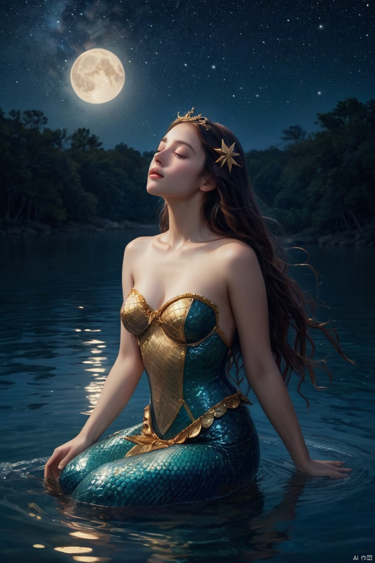 In the quiet of the night, the mermaid princess emerged from the water and looked up at the stars in the sky. She closed her eyes lightly and made a wish to the brightest star. The starlight scattered on her face, appearing particularly sacred, (masterpiece, best quality, perfect composition, very aesthetic, absurdres, ultra-detailed, intricate details, Professional, official art, Representative work:1.3)