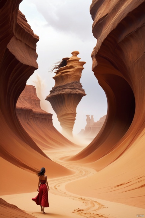 Narrow canyon in the middle of the desert, sandstorm like a girl, a girl made of sandstorm, (tornado:1.4), The hurricane rolled up the yellow sand and covered the sky, dramatic scenery, red sandstone formation, huge rock cliff, stunning landscape, deep and narrow ravine, in the style of photo realistic landscapes, Stone sculptures, tumbling wave, enhance, intricate, (best quality, masterpiece, Representative work, official art, Professional, unity 8k wallpaper:1.3), soil element