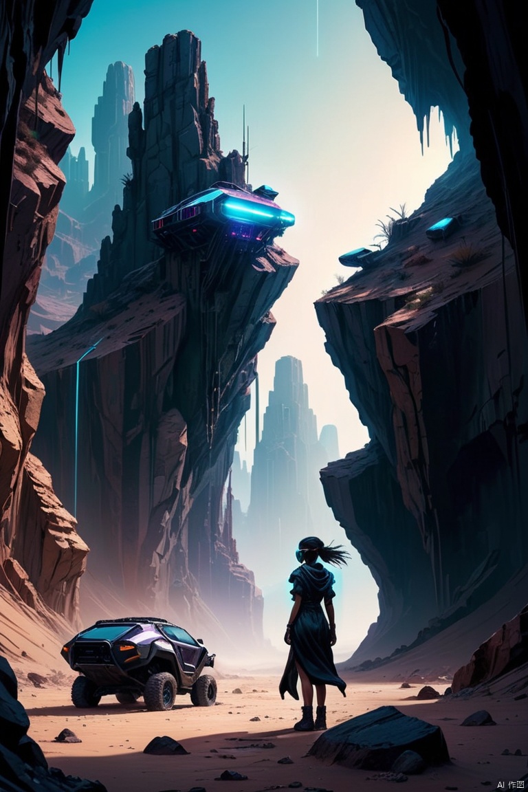a girl exploring a breathtaking cyberpunk desert canyon,canyon,desert,cyberpunk,girl,exploring,breathtaking,detailed,bright lights,futuristic cityscape,dystopian,dark sky,neon signs,massive rock formations,dramatic cliffs,unusual flora and fauna,hovering vehicles,flying drones,advanced technology,solar panels,glowing holograms,scattered debris,dusty atmosphere,cracked ground,shimmering heat,wild wind,gritty texture,post-apocalyptic feeling,contrast of nature and technology,isolated,unexplored depths,tense atmosphere,unpredictable danger,alluring mystery,vastness,silhouette of the girl,curiosity,awe,adventure,lone figure,robes,exaggerated proportions,sharp edges,angular shapes,blurry reflections,ethereal,hint of danger,colorful neon lights,graffiti-covered walls,artistic murals,vibrant colors,contrasting elements,surreal landscape,otherworldly beauty,high-tech gadgets,enhanced vision,goggles,interactive projections,moment of discovery,thrilling experience,unforgettable journey,bold composition,high contrast,dynamic lighting,soaring energy, enhance, intricate, (best quality, masterpiece, Representative work, official art, Professional, unity 8k wallpaper:1.3)
