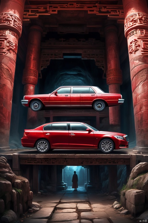 Mysterious East, underground tomb,underground tomb,Magnificent and spacious majestic landscape,Red sedan suspended in the air,Chinese sedan,dim lights,intricately carved stone walls,The mysterious atmosphere is scary,Supernatural powers, enhance, intricate, (best quality, masterpiece, Representative work, official art, Professional, 8k)