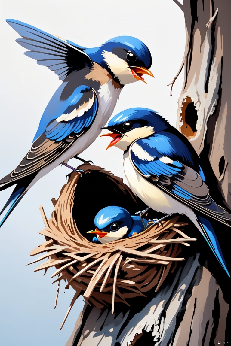 Gouache style, Beautiful detailed ,Mother swallow is feeding the little swallow in the nest,Two little swallows open their mouths,Use their young mouths to fight for the little bugs brought by their mothers,Feathers shine with blue-black sheen,Each piece is like a carefully polished gem,Exudes a charming light, The nest is sometimes built in a tree cavity,The nest is mainly made of a mixture of mud and saliva,cup or disk,The nest has a rough appearance,Color is gray or brown,smoother inside,The color is slightly lighter, snow covered nest, panoramic, Ultra high saturation, bright and vivid colors, intricate, (best quality, masterpiece, Representative work, official art, Professional, 8k)