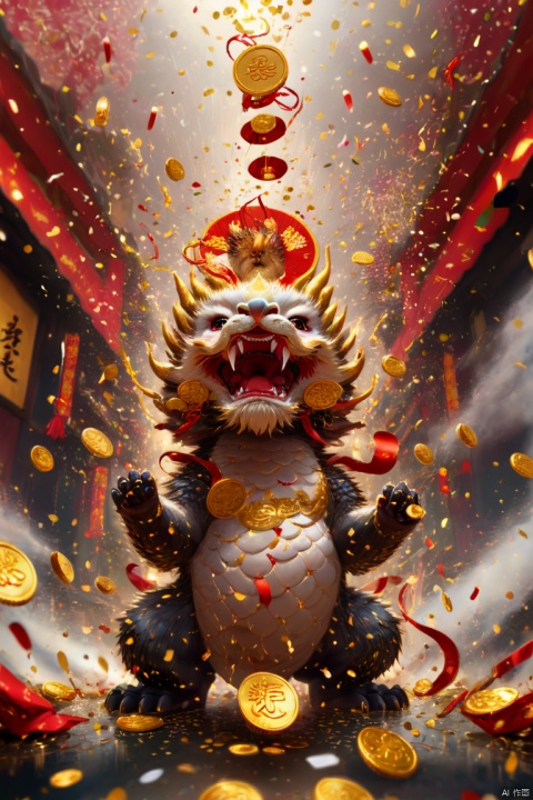 Chinese New Year, oriental dragon cub, big furry head, hairy body, Many gold coins burst out, Gold coin rain, Red and gold confetti flying in the sky, firecrackers, strong festive atmosphere, panoramic view, Ultra high saturation, (best quality, masterpiece, Representative work, official art, Professional, 8k)