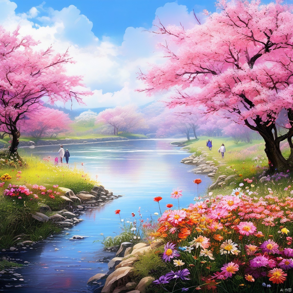 The beautiful scenery of spring by the riverbank, with a hundred flowers blooming, fully showcases the vitality of spring. The warm spring breeze quietly awakens the earth, and flowers bloom together, weaving a brilliant and colorful picture of spring. The whole world is immersed in a vibrant and colorful spring atmosphere