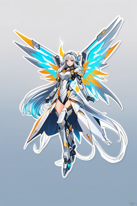  Sticker design, vector art, mecha girl, (silver long hair), full-body pose, mechanical wings, dynamic angle, (best quality, masterpiece, Representative work, official art, Professional, 8k:1.3)