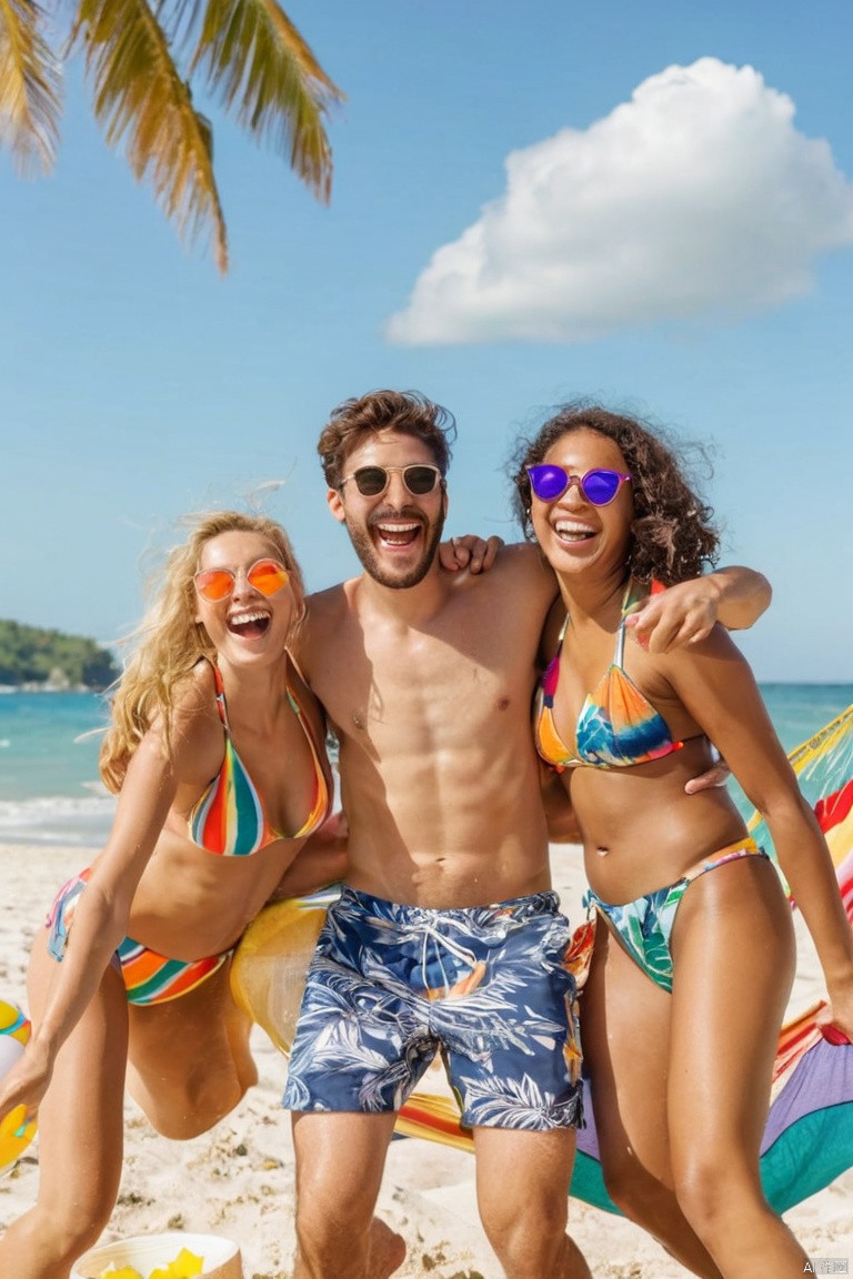 Capture the vibrant joy of friendship under the sun. Imagine a close-up shot of a diverse group of friends, all smiling and laughing, as they revel in a beach party. The scene is alive with energy, with colorful beach towels spread out on golden sand. In the center, a group of four friends, two women and two men, are in focus. They are wearing swimsuits and sunglasses, toasting with colorful drinks in hand. One woman has her arm around another's shoulders, both laughing wholeheartedly. The two men are playfully tossing a beach ball back and forth. Around them, more friends are scattered, some dancing to music playing in the background, others lounging on beach chairs and hammocks. In the distance, the ocean waves gently kiss the shore under a clear blue sky. The atmosphere is one of pure celebration and friendship, capturing a moment of carefree happiness and summer bliss, Asia, (best quality, masterpiece, Representative work, official art, Professional, 8k, Ultra intricate detailed:1.3)