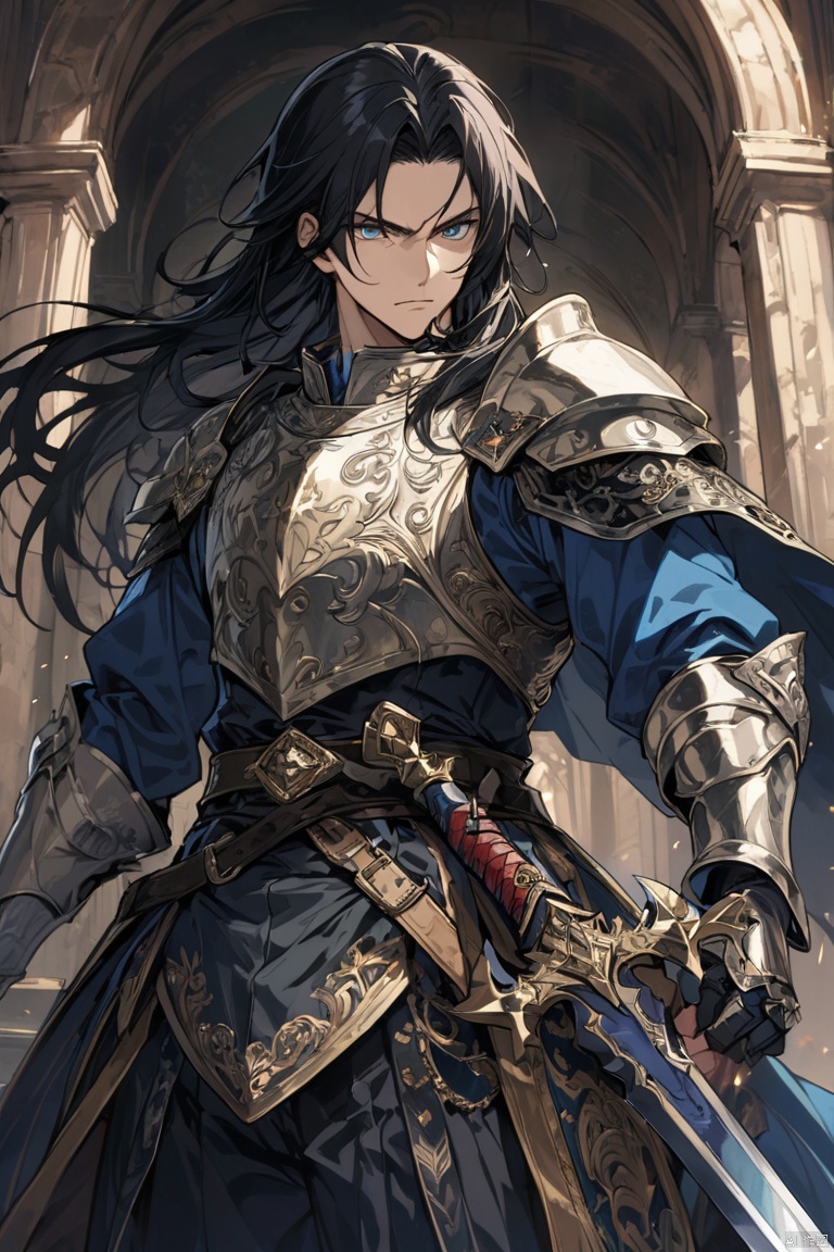 The knight Aosoth, handsome with long black hair and blue eyes, poised to attack with his longsword, masterpiece, best quality, perfect composition, very aesthetic, absurdres, ultra-detailed, intricate details, Professional, official art, Representative work