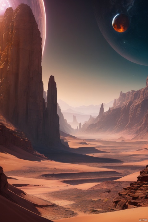 cinematic photo depicting a desert canyon on a metal cybernetic planet in a remote corner of the universe, planetary landscape, Desert Canyon, cyberpunk, metal planet, high detail, science fiction, cinematic frame, enhance, intricate, (best quality, masterpiece, Representative work, official art, Professional, unity 8k wallpaper:1.3)