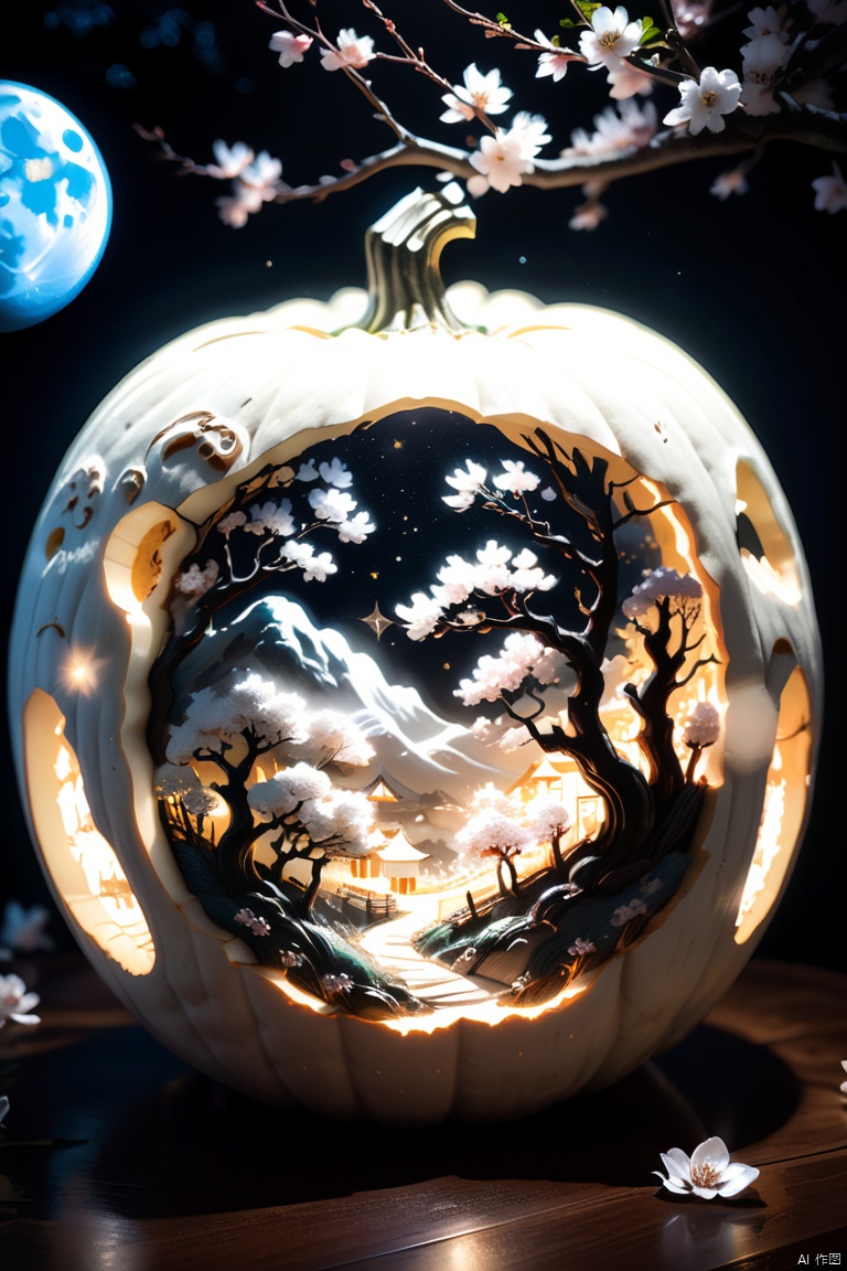 Intricately carved white pumpkin of cherry blossom trees, Jack-o'-Lantern in the moonlight, large moon in the starry night sky. Photography taken by canon eos r5, intricate, highly detailed, fantasy, perfect white balance, action shot, glow, sunlight, uhd edge lighting, prime photography, crisp and smooth line quality, intricate and cinematic details, vibrant nature, warm colors, Artstation, Pinterest, by Katsuhiro Otomo, octane render, (best quality, masterpiece, Representative work, official art, Professional, 8k:1.3)