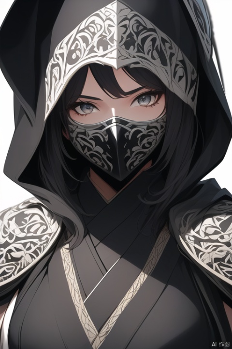 ninja, 1girl, solo, looking at viewer, gloves, white background, black gloves, hood, armor, mask, shoulder armor, mouth mask, japanese armor, (masterpiece, best quality, perfect composition, very aesthetic, absurdres, ultra-detailed, intricate details, Professional, official art, Representative work:1.3)