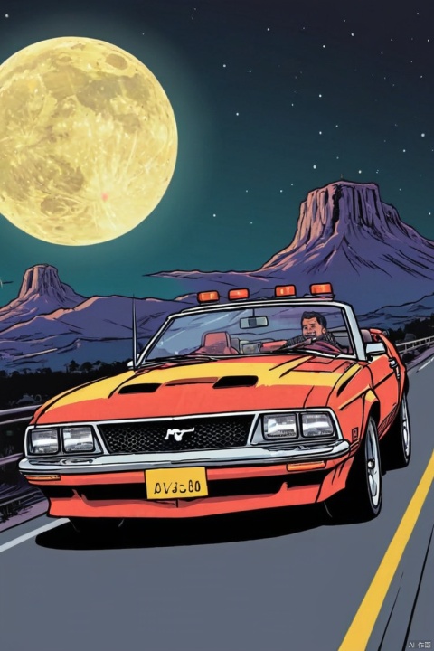 comic A t-shirt design, An 80's retro design of a mustang driving on the road with a large moon in the background, vector art . graphic illustration, comic art, graphic novel art, vibrant, highly detailed, (best quality, masterpiece, Representative work, official art, Professional, Ultra intricate detailed, 8k:1.3)