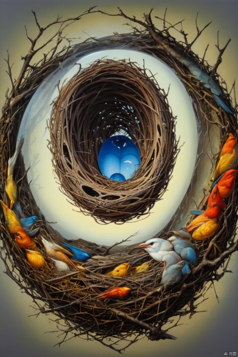by Octavio Ocampo, Metamorphic painting, bird nest, double exposure, double content, panoramic, Ultra high saturation, bright and vivid colors, intricate, (best quality, masterpiece, Representative work, official art, Professional, 8k)