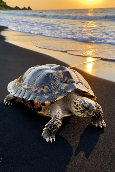 a tortoise whose body is made of glass, with cracks that have been repaired using kintsugi, is walking on a black sand beach at sunset, (best quality, masterpiece, Representative work, official art, Professional, Ultra intricate detailed, 8k:1.3)