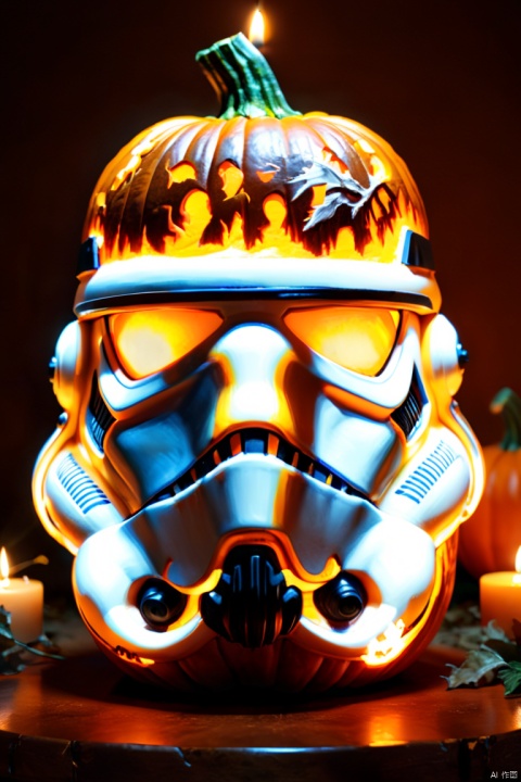 a stormtrooper helmet carved out of a pumpkin, artistic, all orange color, clean lines, candle inside, ambient light, octane render, enhance, intricate, HDR, UHD, Relief style, (best quality, masterpiece, Representative work, official art, Professional, 8k wallpaper:1.3)