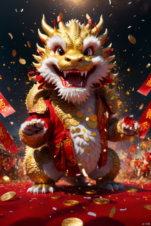Chinese New Year, oriental dragon, cute dragon cub, big furry head, hairy body, Gold coin rain, Many gold coins burst out, Red and gold confetti flying in the sky, firecrackers, strong festive atmosphere, panoramic view, Ultra high saturation, (best quality, masterpiece, Representative work, official art, Professional, 8k)