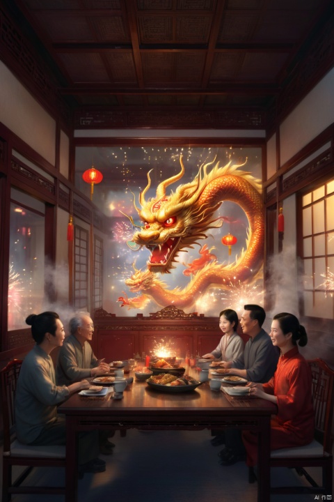 Family members, old and young sit by dinner table, bright room, warm atmosphere, chinese dragon outside closed window, chinese festive atmosphere, film light effect, fireworks, (best quality, masterpiece, Representative work, official art, Professional, Ultra high detail, 8k:1.3)