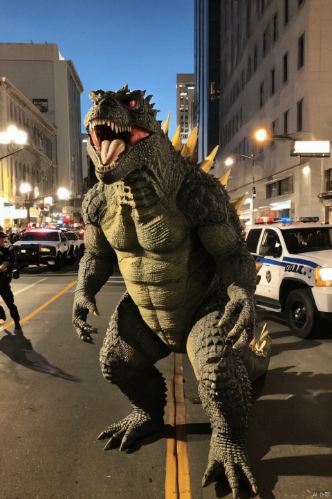 iphone photo of strong angry godzilla getting ready to attack tall shadow alien creature in downtown san francisco, during sunset, surrounded by police cars, lights and sirens, deployed army soliders blocking off streets, confusion and fear atmosphere, cinematic lighting, posted on reddit, posted on Twitter, photorealistic visual effects, digital composition masterclass, (masterpiece, best quality, perfect composition, very aesthetic, absurdres, ultra-detailed, intricate details, Professional, official art, Representative work:1.3)
