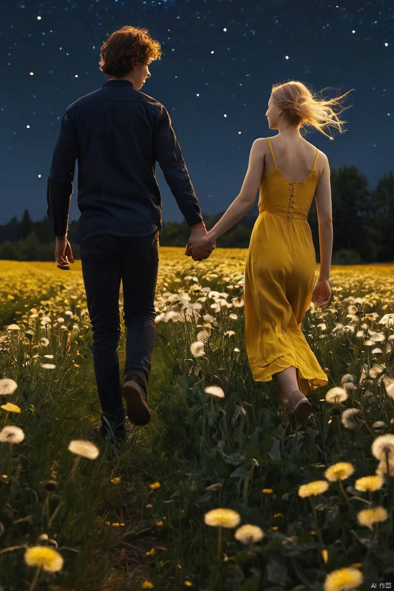 Couple Photo, aesthetic, There's a young woman and young man holding each other's hand in a field of dandelions at night while running, (masterpiece, best quality, perfect composition, very aesthetic, absurdres, ultra-detailed, intricate details, Professional, official art, Representative work:1.3)