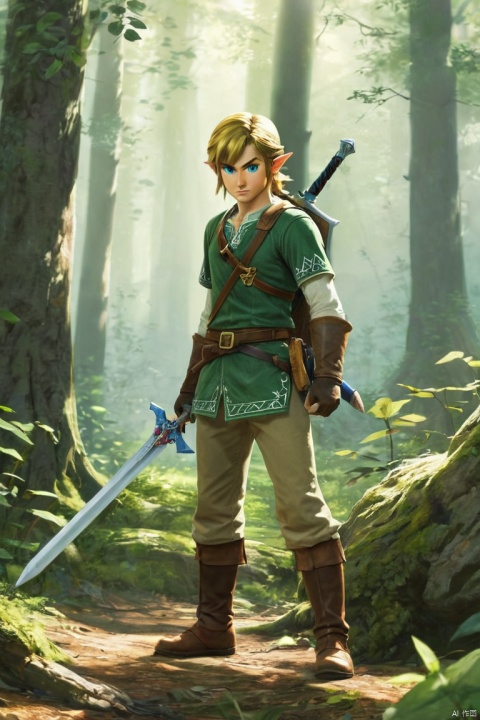 Link, short hair, in a forest, wielding a sword, Legend of Zelda, (masterpiece, best quality, perfect composition, very aesthetic, absurdres, ultra-detailed, intricate details, Professional, official art, Representative work:1.3)