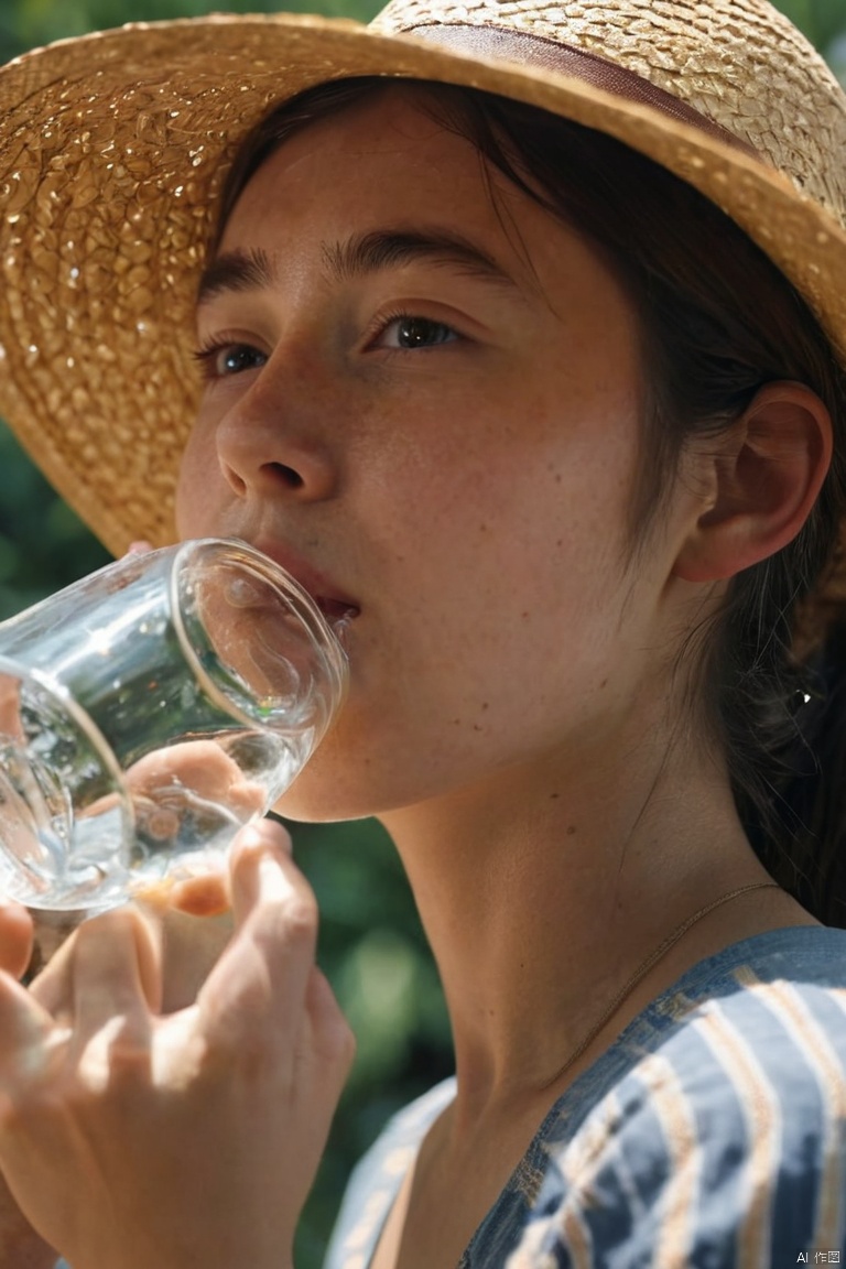 (Tyndall Effect:1.4), Girl wearing a straw hat, she is drinking water, leakage light effec, (best quality, masterpiece, Representative work, official art, Professional, Ultra intricate detailed, 8k:1.3)