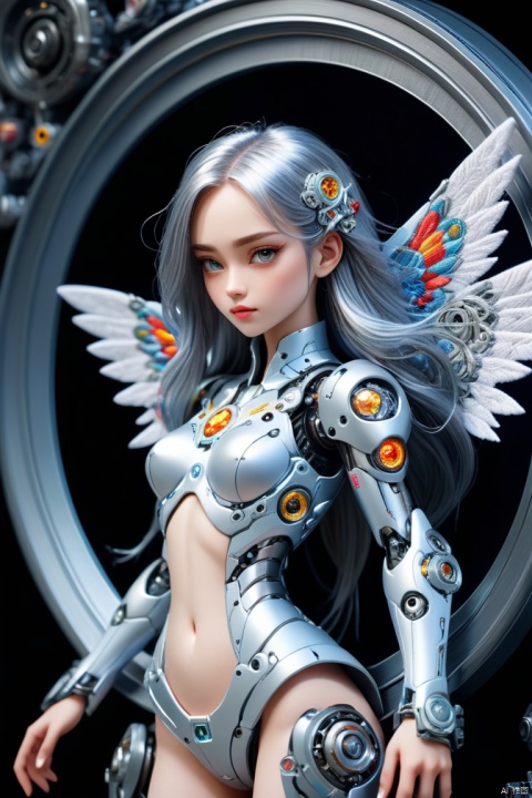 a mecha girl, silver long hair, mechanical wings, (embroidery circle, 3d framed embroidery, macro detailed stitching, intricate fabric texture), panoramic, Ultra high saturation, bright and vivid colors, full frame, (best quality, masterpiece, Representative work, official art, Professional, 8k:1.3)