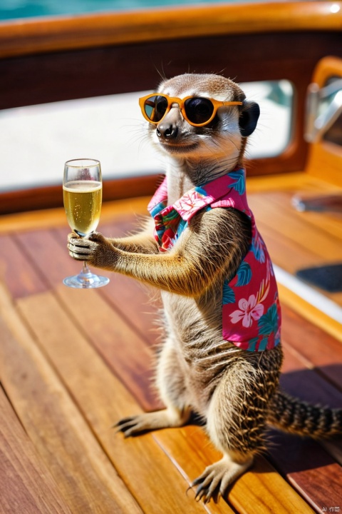 Symmetry, symmetrical, raw photo of a cute meerkat, wearing colorful hawaii shirt and expensive golden sunglasses, holding a glas of champain in one paw, standing on a expensive yacht wooden floor out on the ocean. Great detail, extra wide angle, atmospheric lighting, film grain, Fujifilm XT-4, (best quality, perfect masterpiece, byyue, Representative work, official art, Professional, high details, Ultra intricate detailed:1.3)