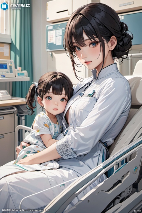 mother and cute daughter, hospital, (masterpiece, best quality, perfect composition, very aesthetic, absurdres, ultra-detailed, intricate details, Professional, official art, Representative work:1.3)