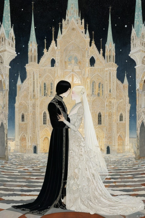 by Kay Nielsen, Within the shimmering confines of a Magical arena, a detailed fantasy illustration, a wedding of bride and bridegroom, church background, high resolution, as arcane energies crackle in the air, (masterpiece, best quality, perfect composition, very aesthetic, absurdres, ultra-detailed, intricate details, Professional, official art, Representative work:1.3)
