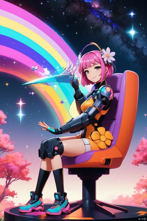 anime artwork lucy \(cyberpunk\), anime artwork of a girl \(cyberpunk, mecha\), Pink parted short hair, pink eyes, full body, sit on a huge rainbow chair, one hand waving in the air, drawing her dream. Surrounded by a starry night sky, the Milky Way flowed above her, while on the ground was a colorful blooming flower, forming a dreamlike world. The entire scene is illuminated by a warm orange light, (panoramic, Ultra high saturation, bright and vivid colors), (best quality, masterpiece, Representative work, official art, Professional, 8k)