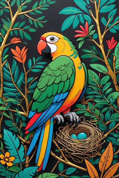 Rainforest,gold steel parrot,(Sophisticated and beautiful nest:1.5),branches,green leaves,Colorful flowers and diverse plants, graffiti in the style of Keith Haring,sharpie illustration, Bold lines and solid colors, Simple details, minimalist, peaceful light