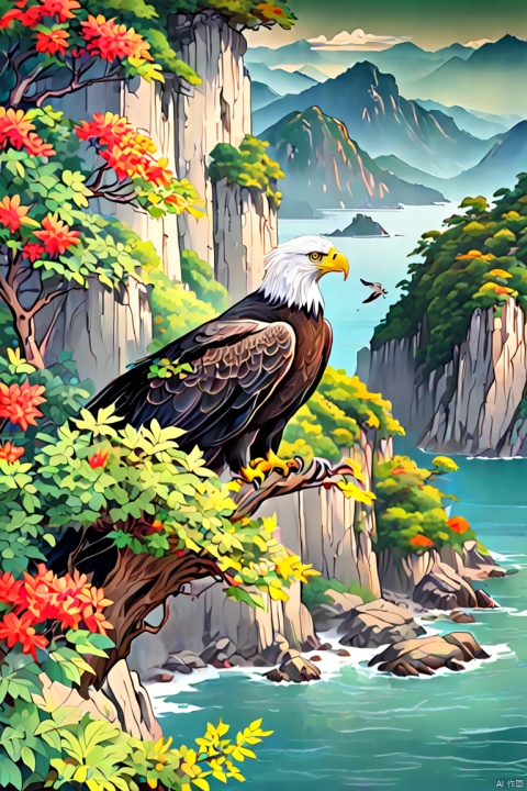 Cliffs by the sea, eagle,Sophisticated and beautiful nest,branches,green leaves,Colorful flowers and diverse plants, sharpie illustration, Bold lines and solid colors, panoramic, Ultra high saturation, bright and vivid colors, intricate, (best quality, masterpiece, Representative work, official art, Professional, 8k), Chinese style