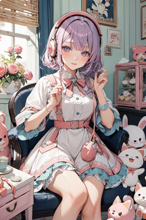 White Room, Pastel tones, fluffy, A girl is listening to music with headphones, holding a cute stuffed toy, (masterpiece, best quality, perfect composition, very aesthetic, absurdres, ultra-detailed, intricate details, Professional, official art, Representative work:1.3)
