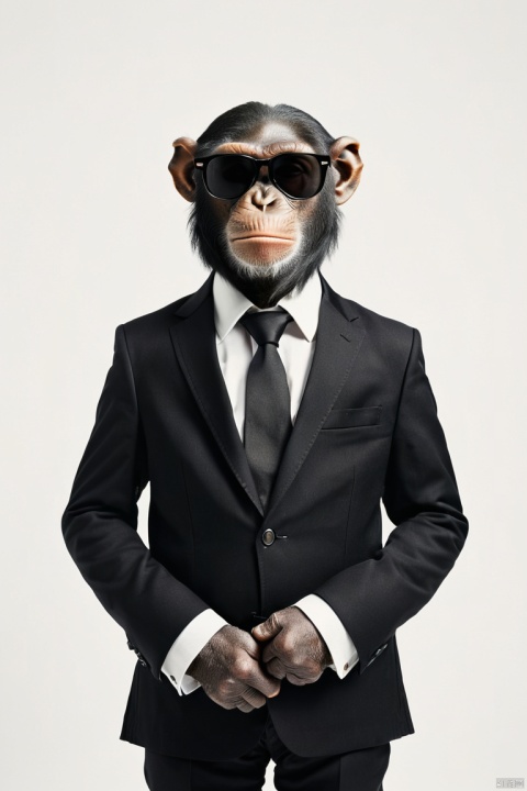 Symmetry, symmetrical, (analog photo) of a chimp wearing a black suit with a white shirt and black necktie and wearing black Rayban style sunglasses, white background, masterpiece, Fine art photography, award winning photography, (best quality, perfect masterpiece, byyue, Representative work, official art, Professional, high details, Ultra intricate detailed:1.3)