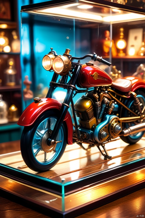 in glass display case,American retro miniature toy desktop, Steampunk style girl,toy motorcycle, movie lighting,super detailed, HDR, UHD, (best quality, masterpiece, Representative work, official art, Professional, 8k wallpaper:1.3)