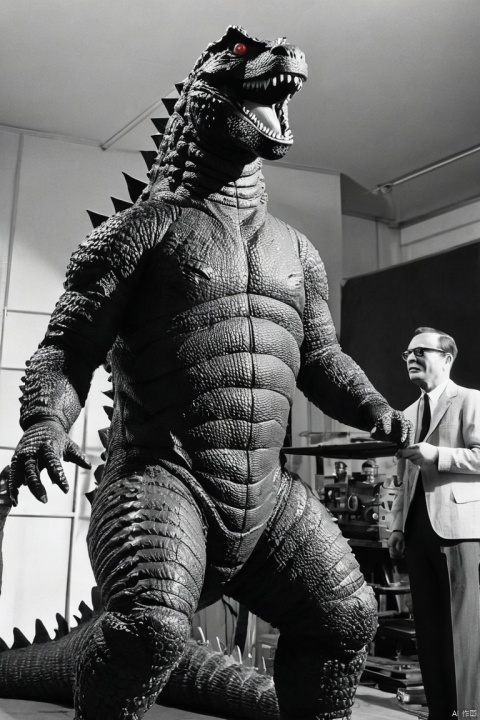Godzilla, black&white, 1960s stylized, filming scene in the studio, a man dressed in a rubber godzilla outfit, A large model of the city on which a man in a godzilla costume moves, cameras, lighting, filming, realistic photo from the film set, (masterpiece, best quality, perfect composition, very aesthetic, absurdres, ultra-detailed, intricate details, Professional, official art, Representative work:1.3)