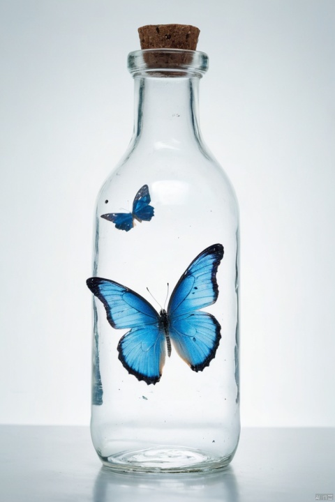 Blue Butterfly in a Bottle, Butterfly details,beautiful,White background, Practical, Atmospheric light refraction, by lee jeffries, Nikon d850 film stock photos 4 Kodak portra 400 camera f1.6 guns, rich and colorful, (masterpiece, best quality, perfect composition, very aesthetic, absurdres, ultra-detailed, intricate details, Professional, official art, Representative work:1.3)