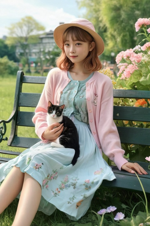 Girl with Cat, anime style, fantasy, soft light, on park grass, sandwich and salad on a leisure seat, long-sleeved pastel cardigan, long skirt and hat with flowers, cat sitting quietly on her leg, (masterpiece, best quality, perfect composition, very aesthetic, absurdres, ultra-detailed, intricate details, Professional, official art, Representative work:1.3)