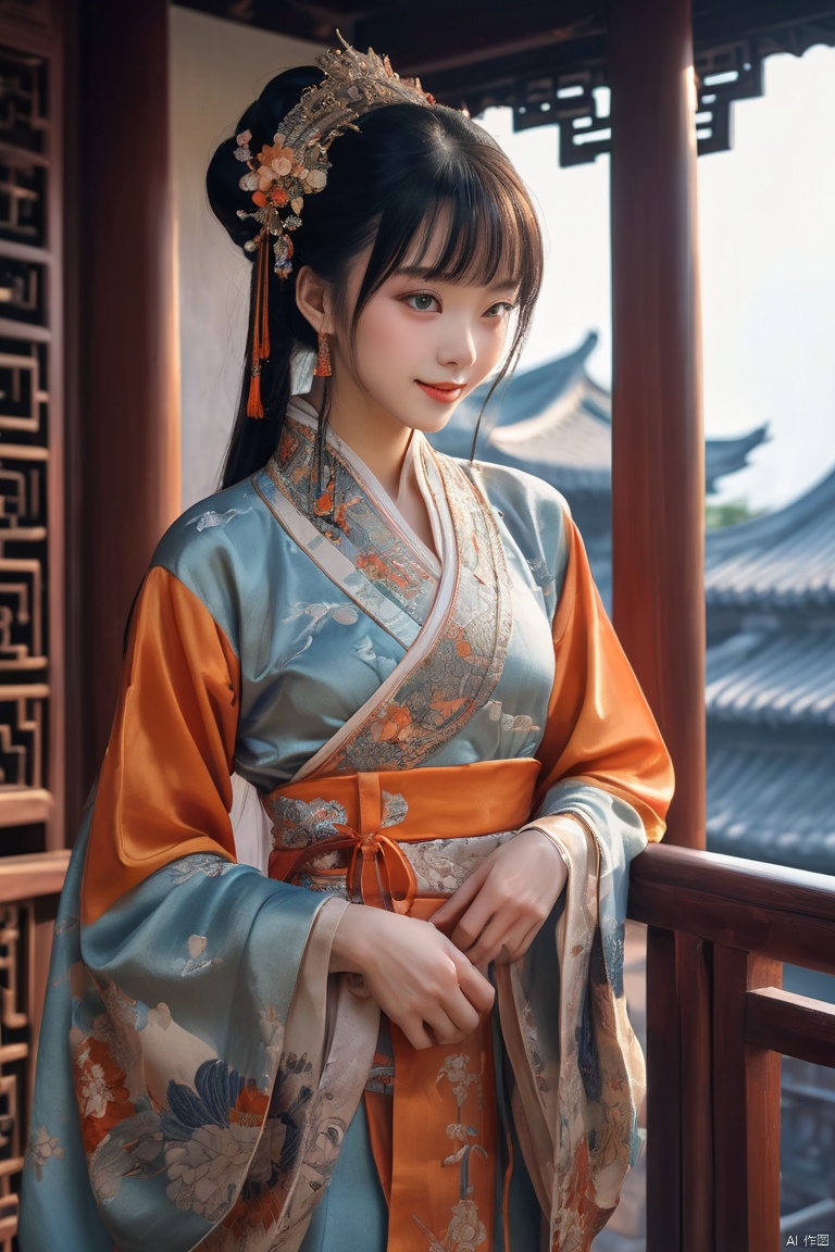 RAW photo, (realistic, photo-realistic:1.3), extremely delicate and beautiful, Amazing, finely detail, masterpiece, ultra-detailed, highres,(best illustration), (best shadow),intricate,stunning skin details, many beautiful girls stand on the balcony of an ancient chinese house, (laughing), in the style of photographically detailed portraitures, 32k uhd, larme kei, fine art photography, romantic depictions of historical events, exquisite clothing detail, fantasy settings, sharp focus, volumetric fog, 8k UHD, DSLR, film grain, Fujifilm XT3, (blue and orange tone impression), (masterpiece, best quality, perfect composition, very aesthetic, absurdres, ultra-detailed, intricate details, Professional, official art, Representative work:1.3)