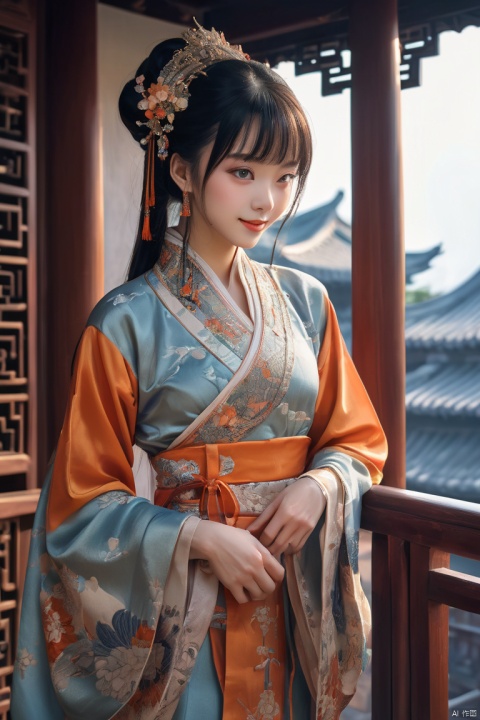 RAW photo, (realistic, photo-realistic:1.3), extremely delicate and beautiful, Amazing, finely detail, masterpiece, ultra-detailed, highres,(best illustration), (best shadow),intricate,stunning skin details, many beautiful girls stand on the balcony of an ancient chinese house, (laughing), in the style of photographically detailed portraitures, 32k uhd, larme kei, fine art photography, romantic depictions of historical events, exquisite clothing detail, fantasy settings, sharp focus, volumetric fog, 8k UHD, DSLR, film grain, Fujifilm XT3, (blue and orange tone impression), (masterpiece, best quality, perfect composition, very aesthetic, absurdres, ultra-detailed, intricate details, Professional, official art, Representative work:1.3)
