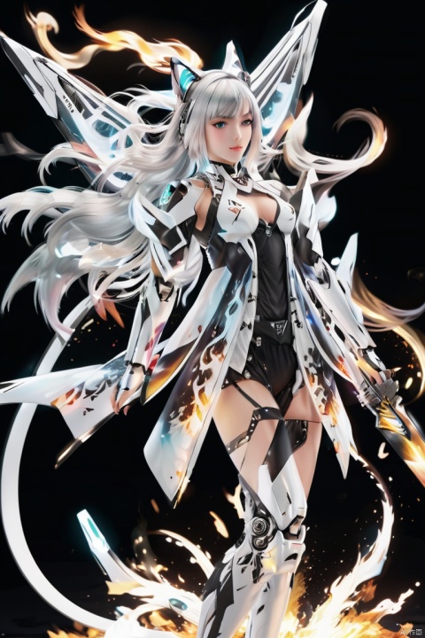 fate \(series\), mecha girl, silver long hair, full-body pose, mechanical wings, cat_ears, fire, (panoramic, Ultra high saturation, bright and vivid colors), (best quality, masterpiece, Representative work, official art, Professional, 8k), tqj-hd, TIANQIJI