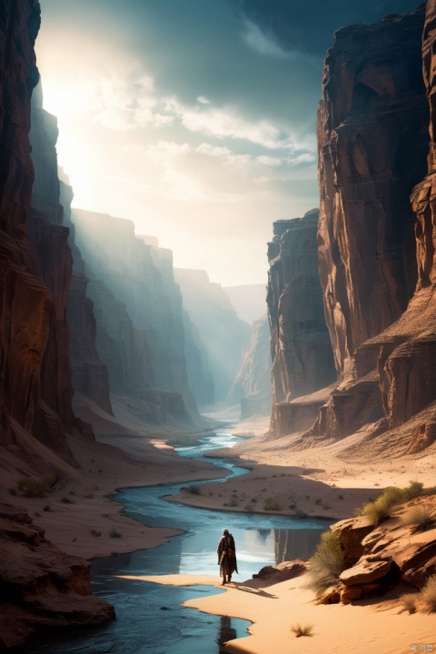desert canyon, Portrait of ancient traveler, Huge and majestic river, Charming super high quality, extremely beautiful, Surreal,masterpiece, masterpiece, masterpiece, high contrast, tonal contrast, movie stills, movie angle, movie lighting, Stunning fantasy sky background details, enhance, intricate, (best quality, masterpiece, Representative work, official art, Professional, unity 8k wallpaper:1.3)