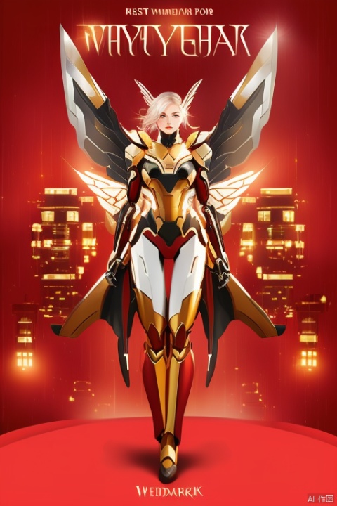 cover art, red theme, red background, new year, mecha girl, silver long hair, full-body pose, mechanical wings, (best quality, masterpiece, Representative work, official art, Professional, 8k:1.3), wechatredenvelope