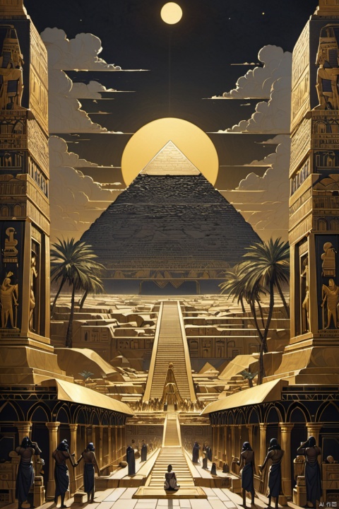 Gold Art, unique painting painted in black graphite and gold leaf on a white background, depicts an ancient Egyptian landscape with black people worshipping the golden pyramid and the golden sun, textured paper, (masterpiece, best quality, perfect composition, very aesthetic, absurdres, ultra-detailed, intricate details, Professional, official art, Representative work:1.3)