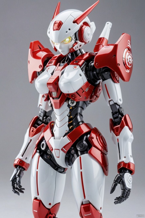 Blind box toy style, kawaii doll, translucent mechanical girl, Mechanical warriors contain a large number of electronic components, Luminous electronic eye. The mecha stands on the ground in a combat posture. white and red color scheme. (Ray tracing, Well-designed, high detail, ultra high definition), (best quality, masterpiece, Representative work, official art, Professional, Ultra intricate detailed, 8k:1.3)