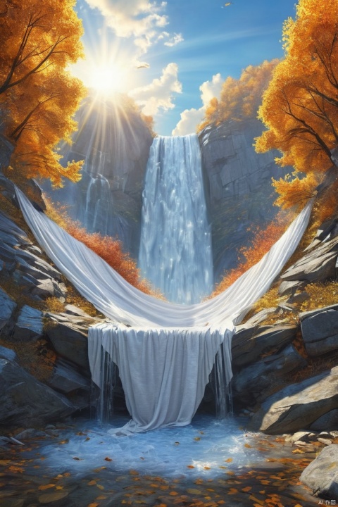 high altitude Waterfall gushes forth, Breaking open the blue vault of heaven, Like a strip of white cloth cut out, sun hangs in the autumn sky, fantasy art, (masterpiece, best quality, perfect composition, very aesthetic, absurdres, ultra-detailed, intricate details, Professional, official art, Representative work:1.3)