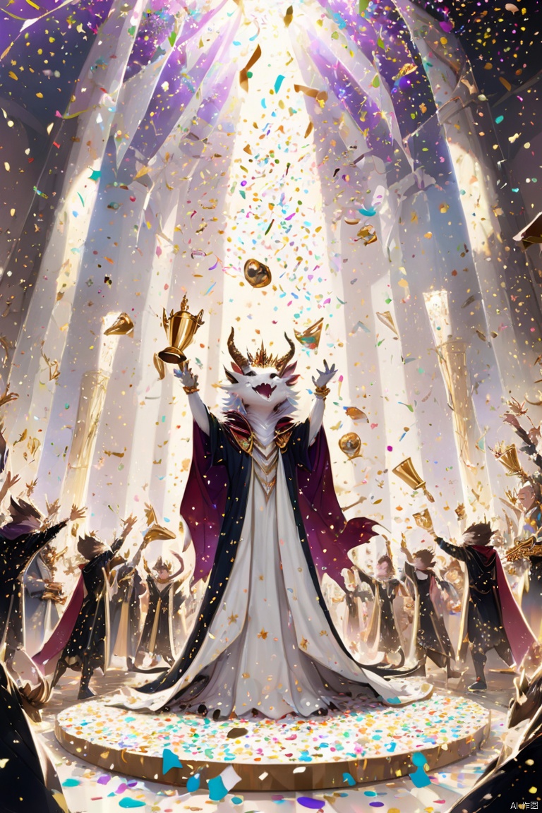cute dragon, crowns, king's cloak, lifting trophies high, Raise Hands, confetti, Indoor, Fashionable Scenery, Sparkling Scenery, Celebration, Fantasy art, soft tones, sparkling, sequins, Stars, panoramic view, Ultra high saturation, (best quality, masterpiece, Representative work, official art, Professional, 8k)